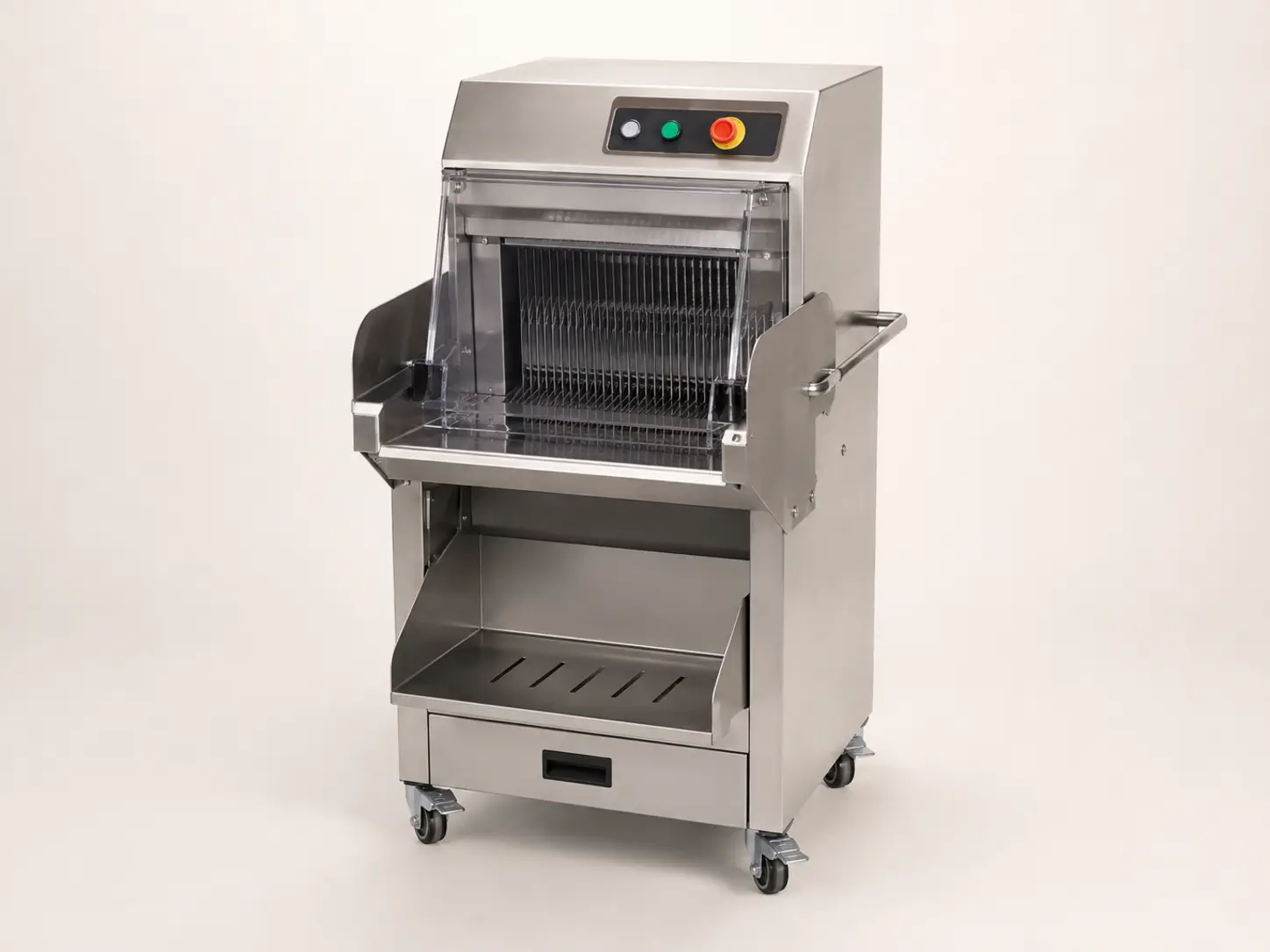 Commercial self-service bread slicer with enclosed blade pack and crumb drawer