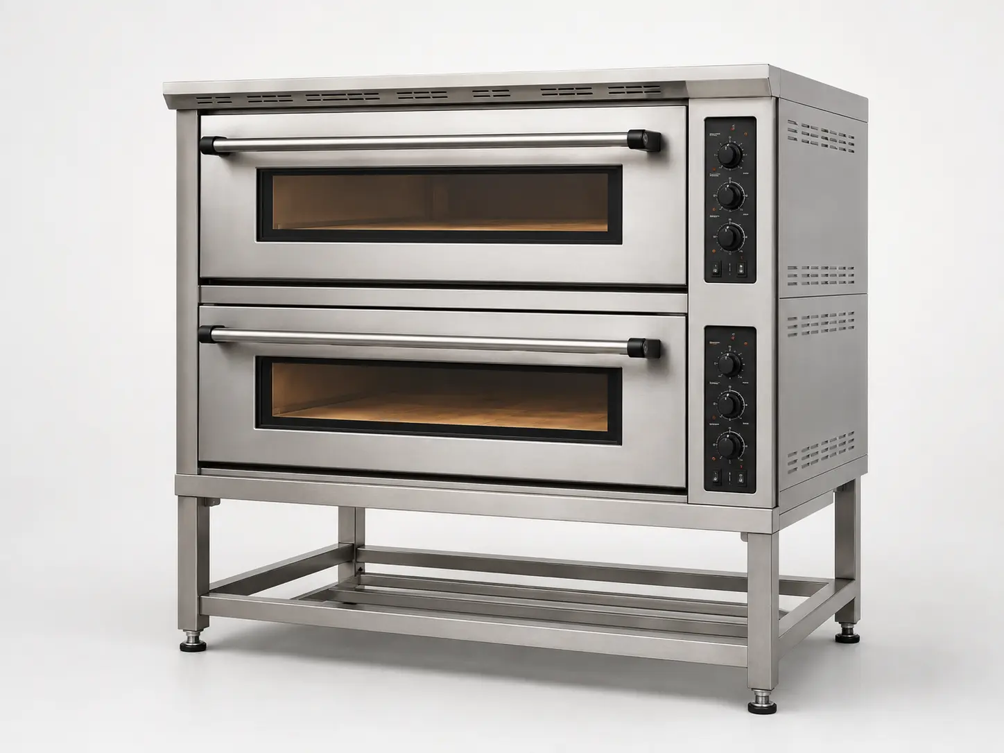 Two-deck commercial bakery deck oven with independently controlled baking chambers