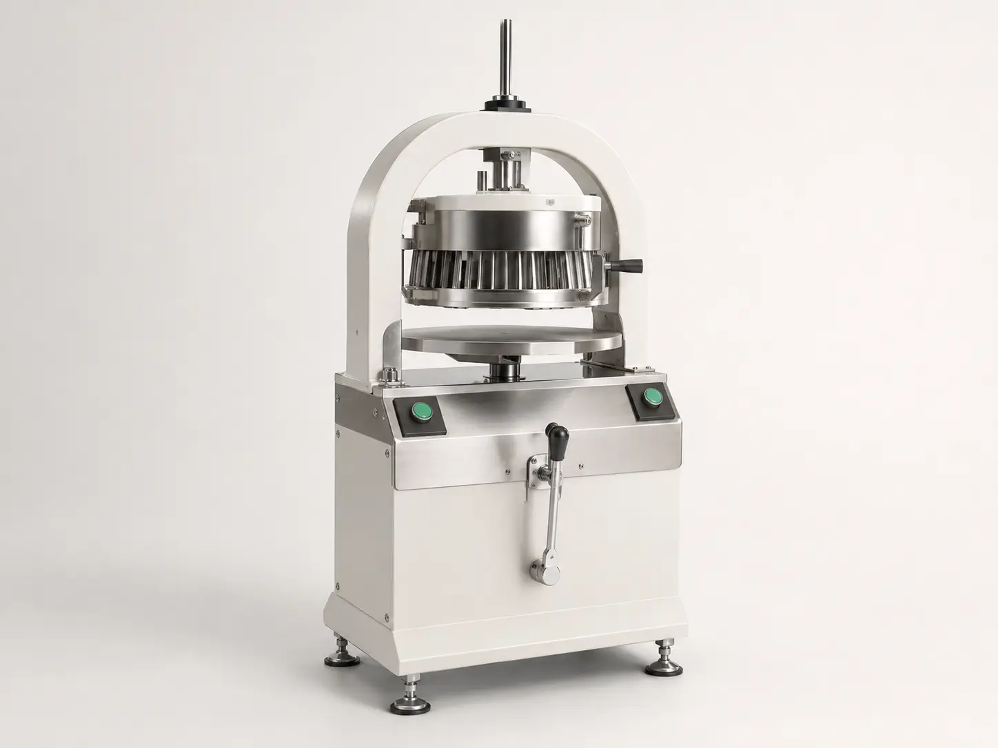 Commercial combined dough divider and rounder with guarded head and rounding plate