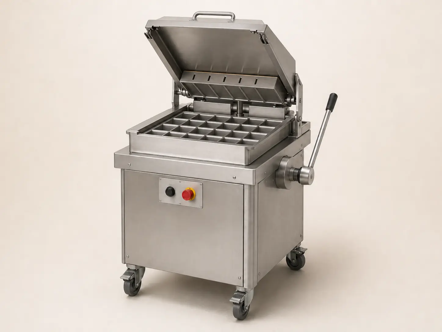 Commercial hydraulic dough divider with raised lid and twenty-section dividing grid