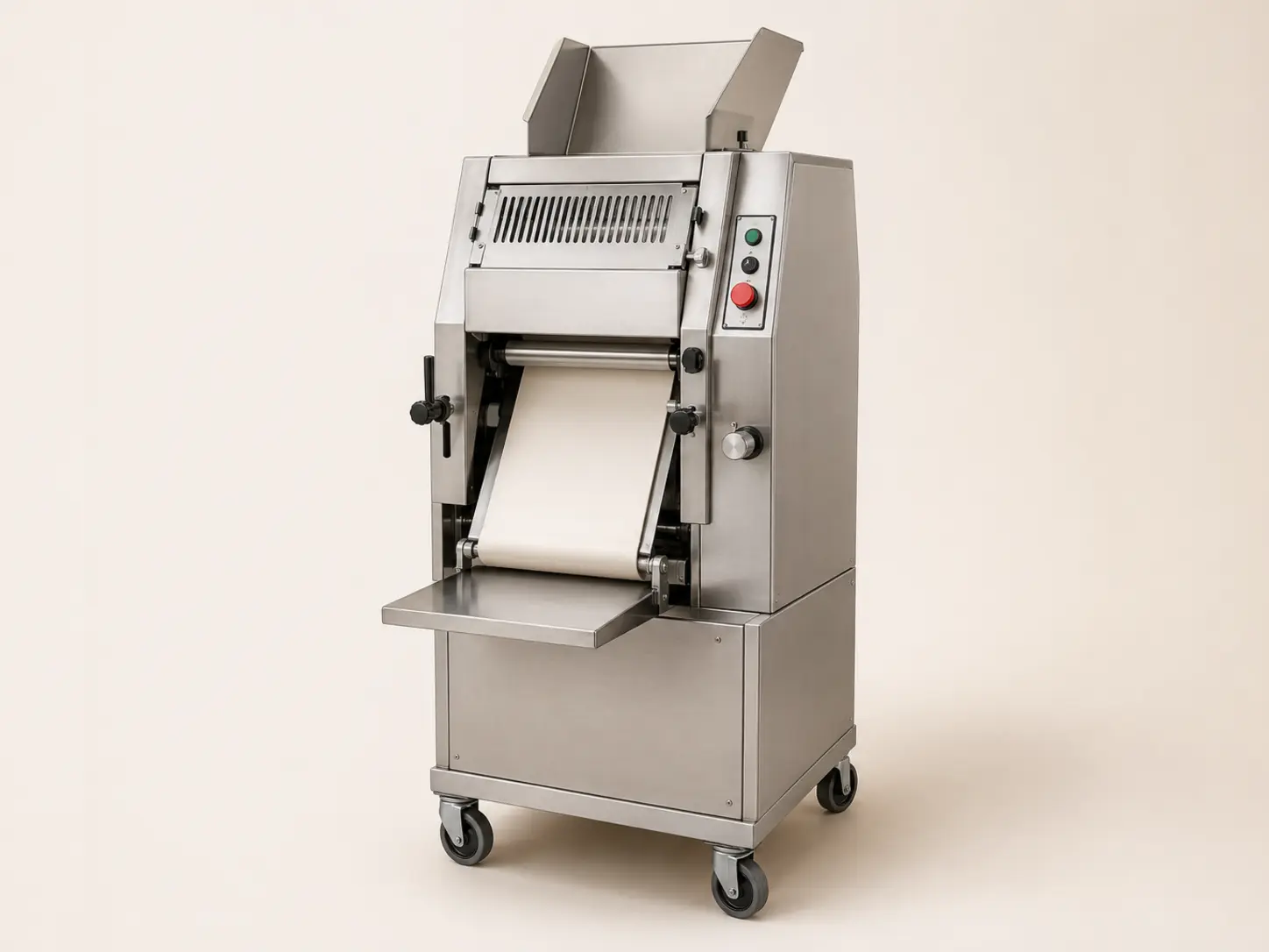 Commercial vertical dough moulder with guarded rollers and forming belt