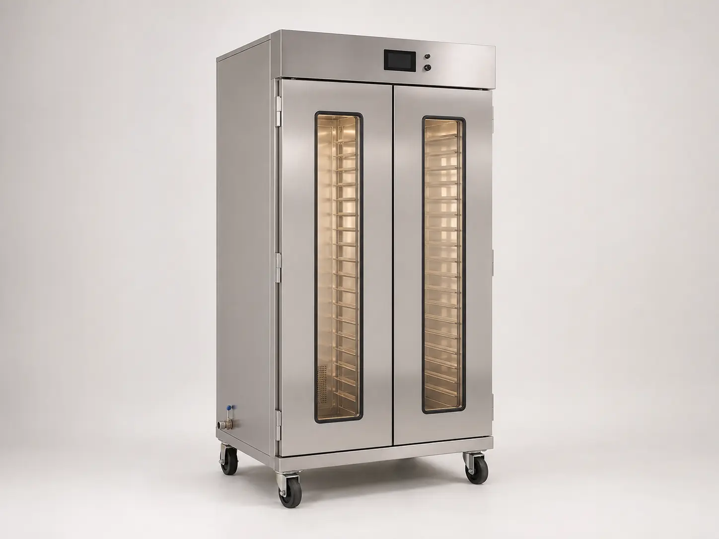 Two-door commercial warm dough proofer cabinet with bakery tray rails