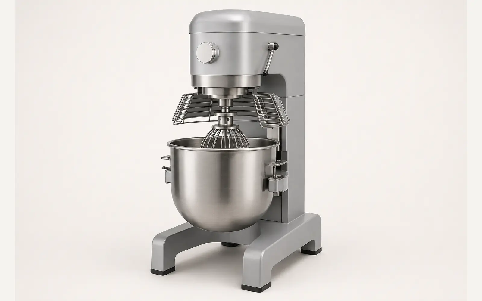 Floor-standing commercial planetary mixer with stainless steel bowl, wire safety guard and mixing attachment