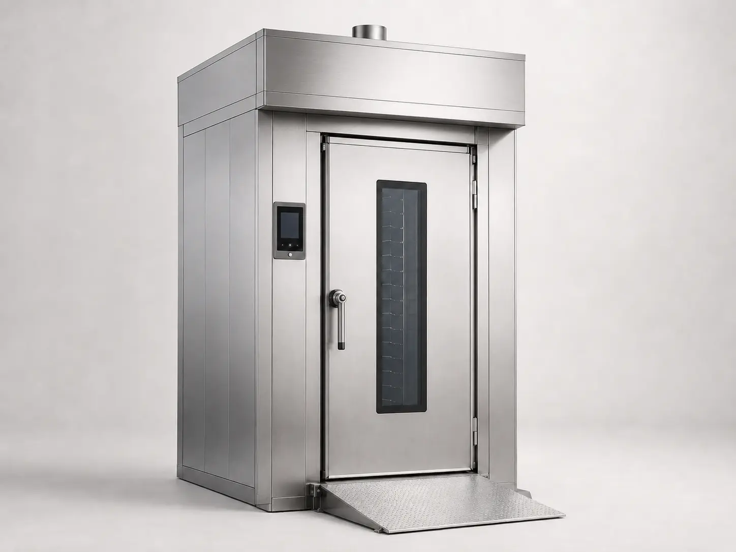 Full-size commercial rotary rack oven with observation window and loading ramp