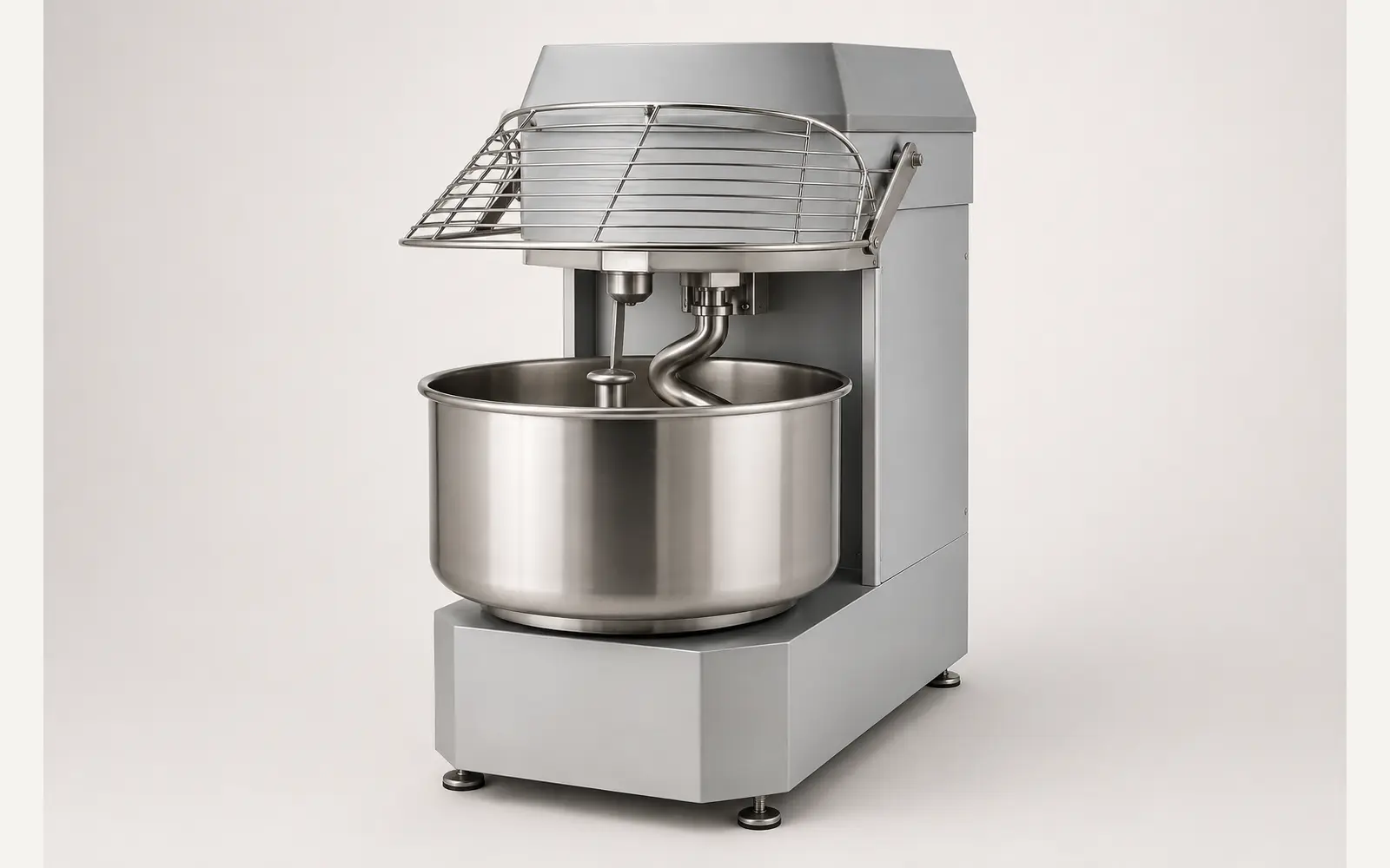 Floor-standing commercial spiral dough mixer with stainless steel bowl, spiral hook and safety guard