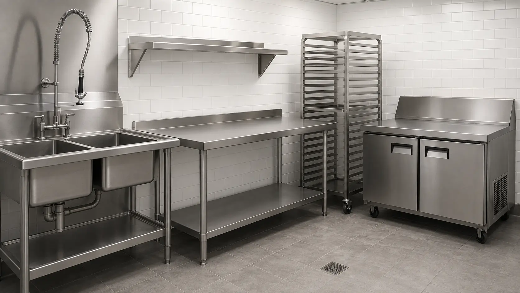 Stainless-steel worktable, sink and shelving selected for a restaurant kitchen