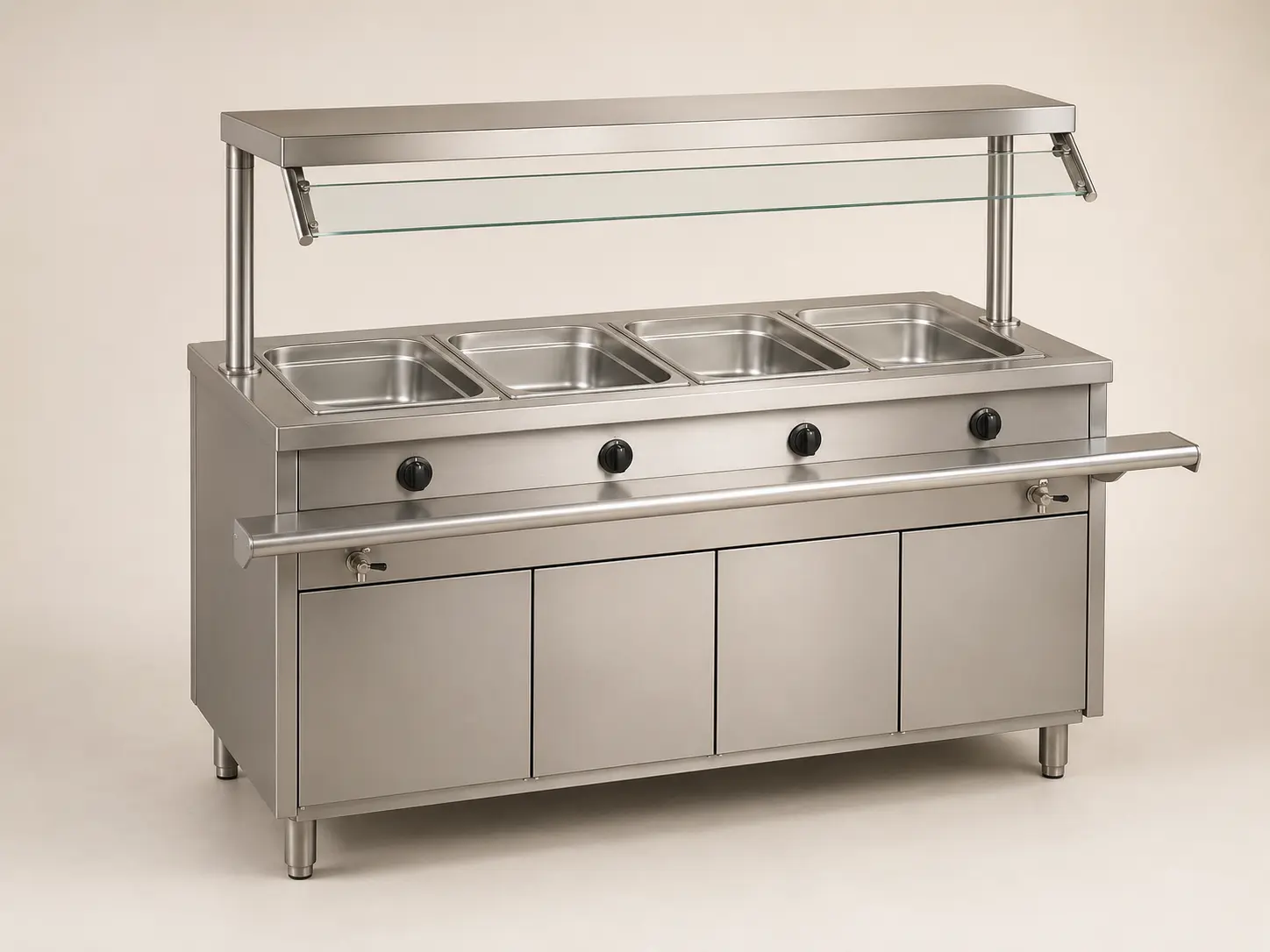 Commercial four-well bain-marie serving counter with tray slide and sneeze guard
