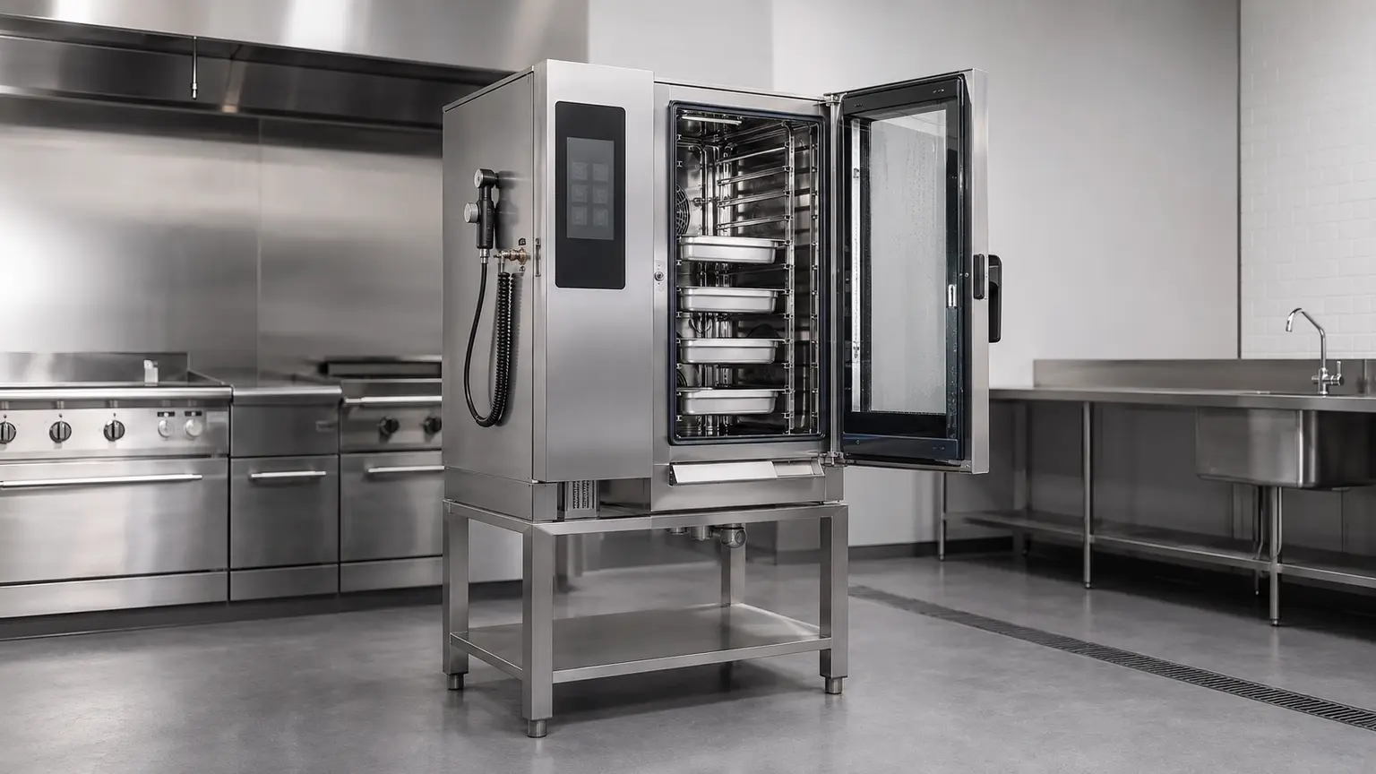 Stainless steel commercial combi oven with open glass door and visible GN tray rails