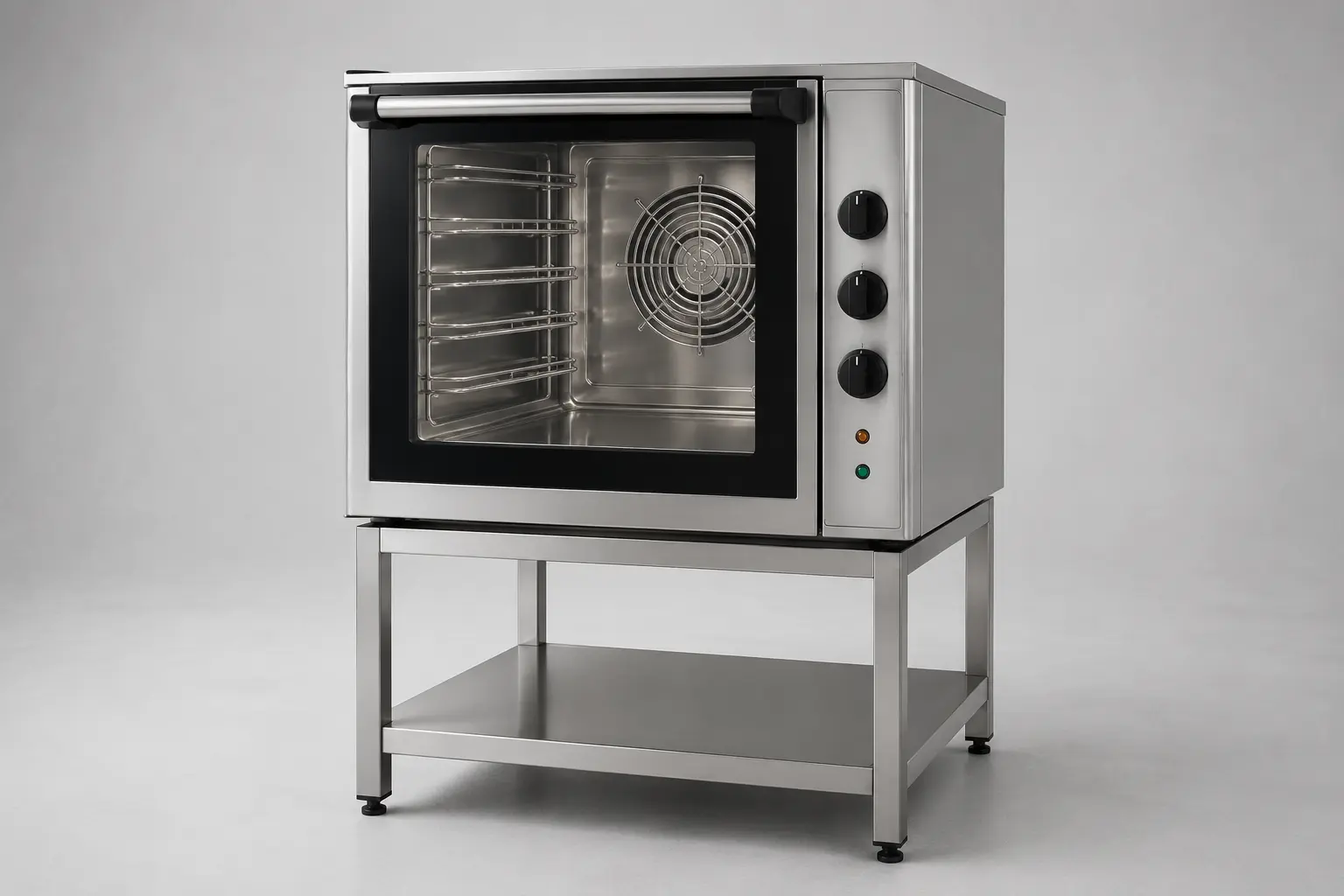 Commercial stainless steel convection oven with five tray levels and rear circulation fan
