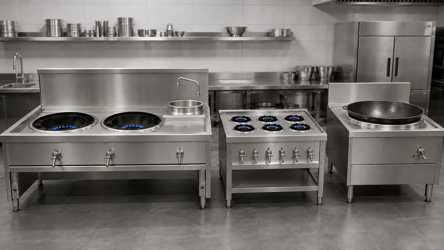 Commercial Chinese cooking range family with double-wok range and warming-water pot, six-head clay-pot range and large-pot stove