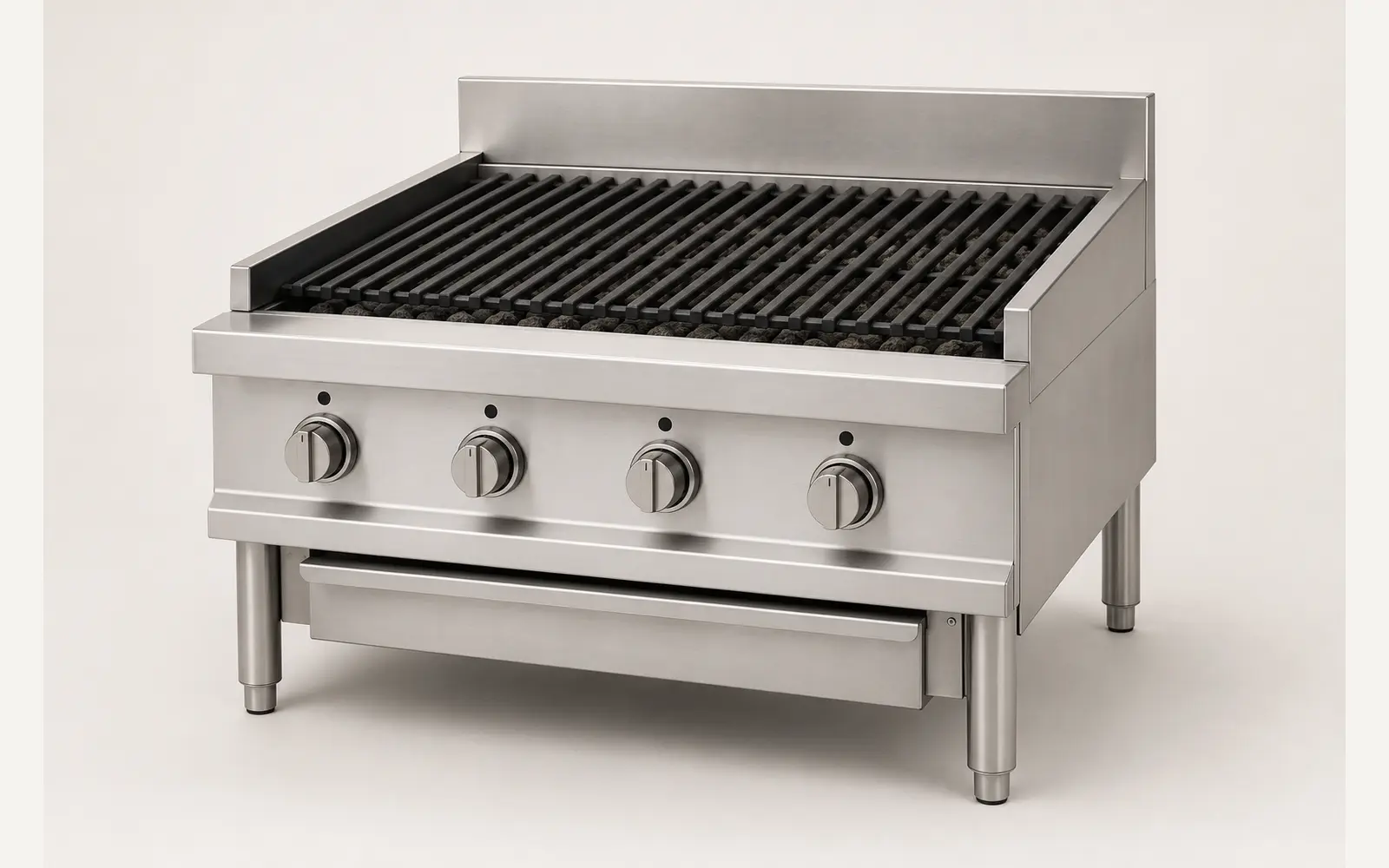 Stainless steel commercial lava stone chargrill with open cast-iron grate and splash guard