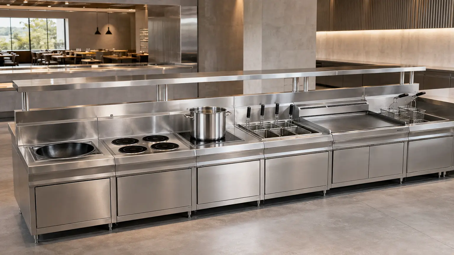 Custom stainless steel modular induction cooking suite with wok, clay-pot, stockpot, noodle, griddle and fryer modules