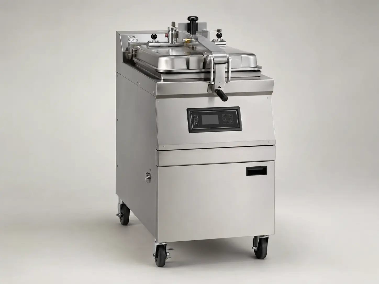 Commercial stainless steel pressure fryer with locking lid and filtration cabinet