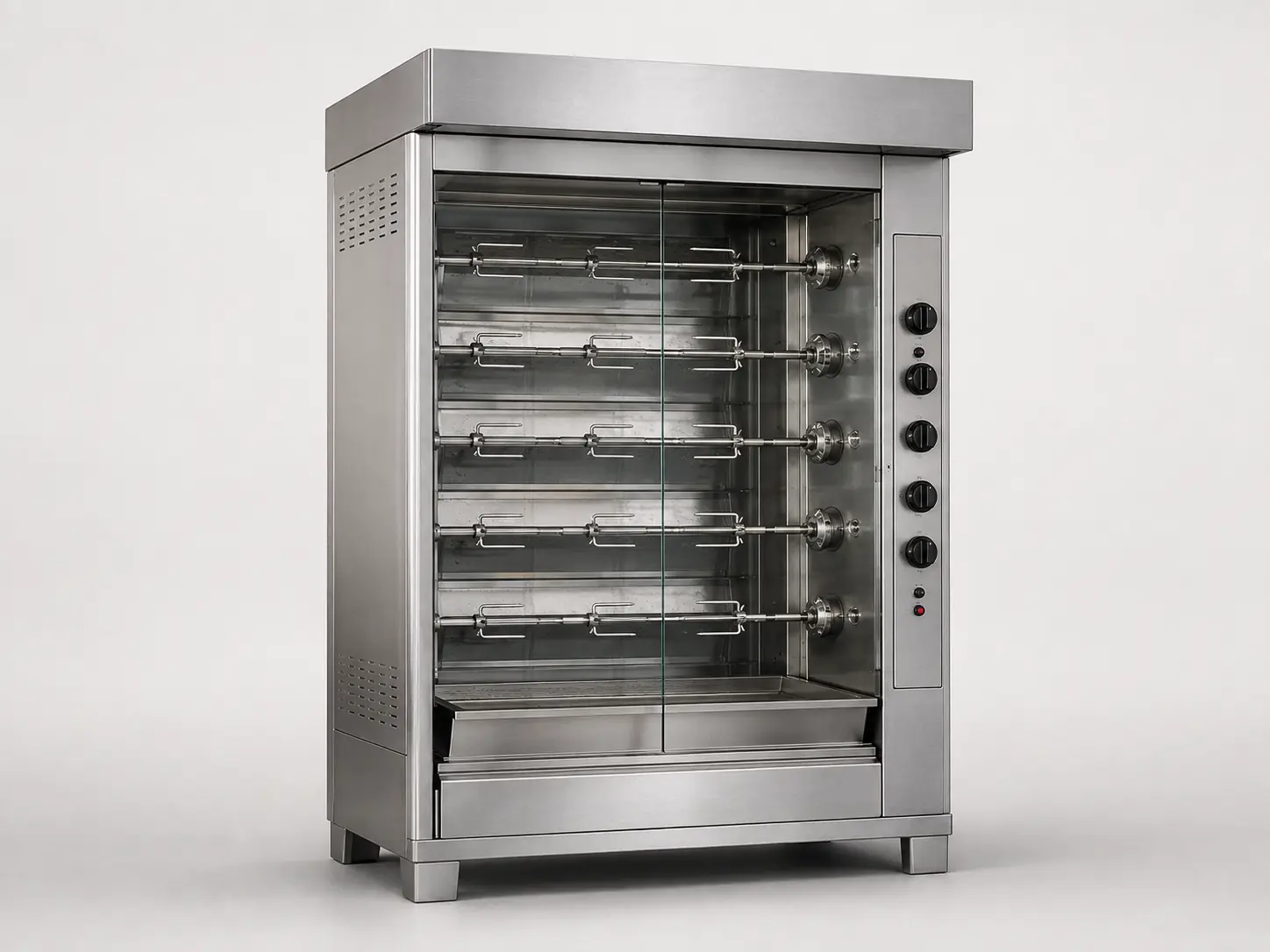 Commercial stainless steel rotisserie oven with glass chamber and multiple spits