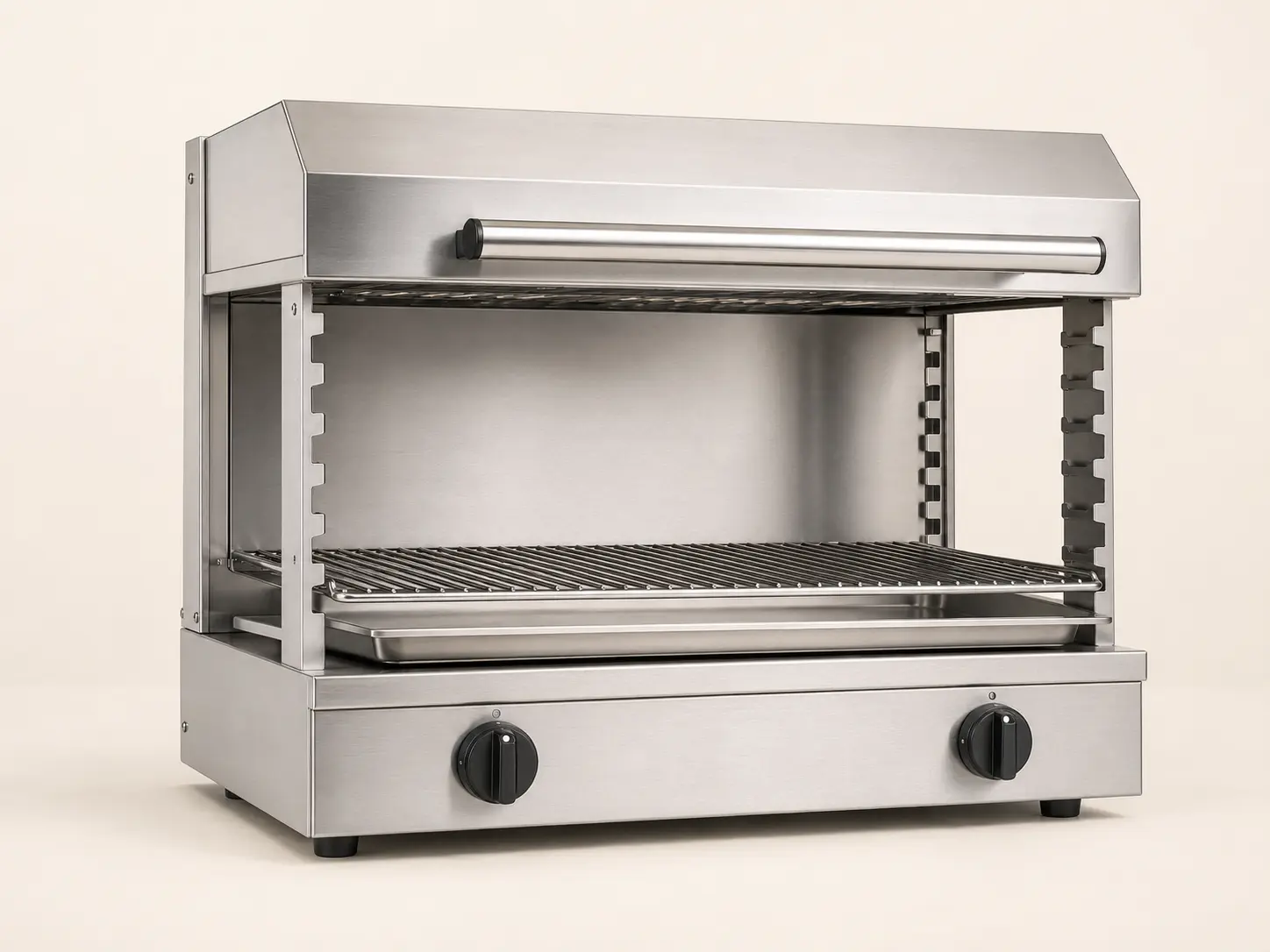 Commercial stainless-steel salamander grill with adjustable rack and drip tray