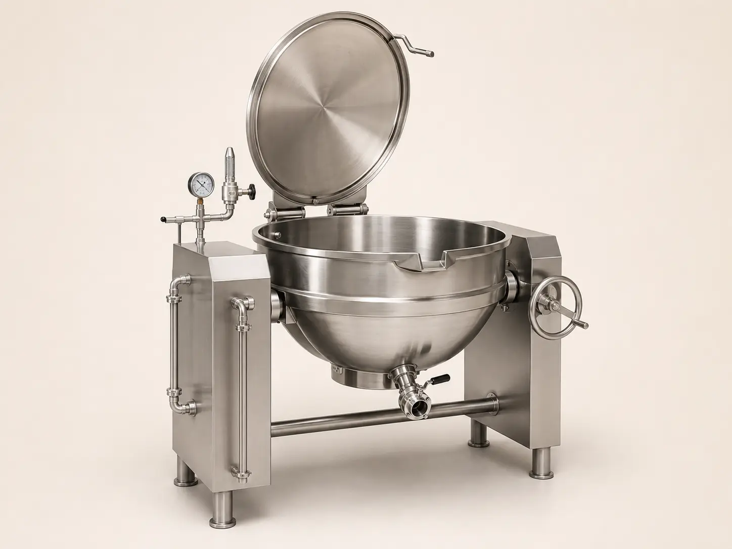 Commercial tilting steam-jacketed kettle with cover, pressure gauge and draw-off valve