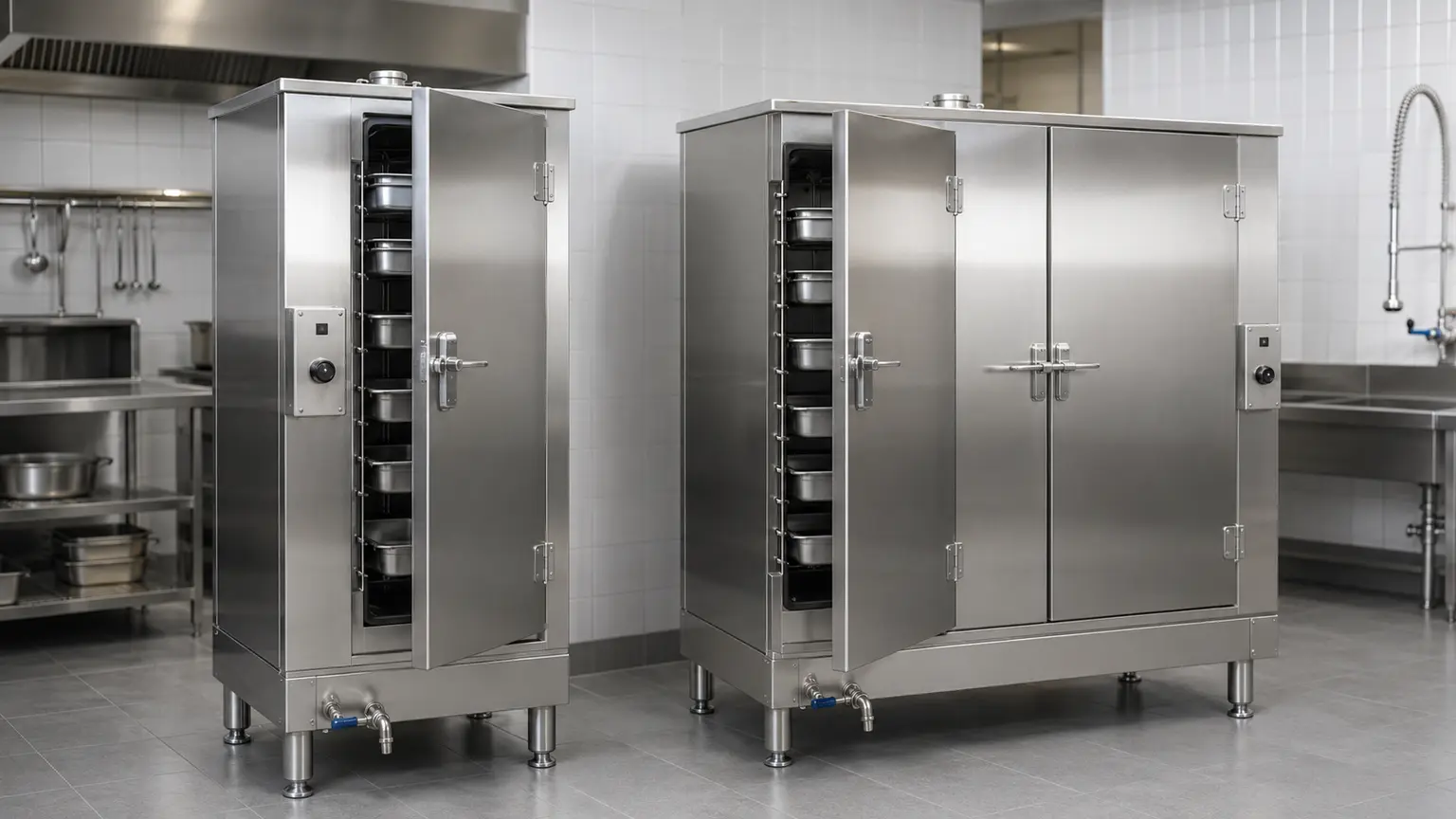 Single-door and double-door stainless steel commercial steaming cabinets with tray rails visible