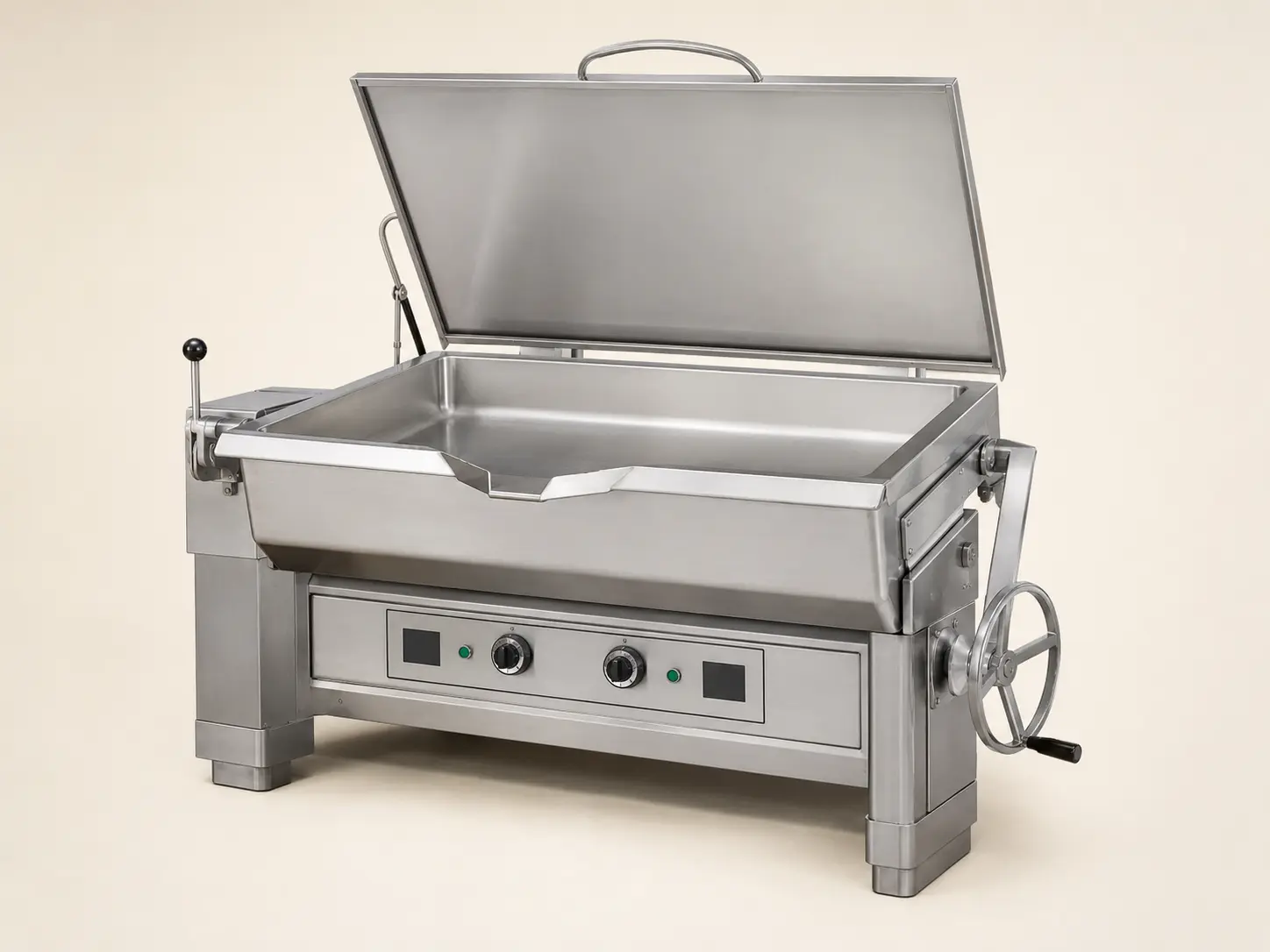 Commercial rectangular tilting braising pan with raised lid and hand-wheel tilt