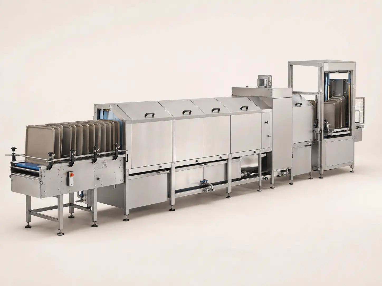 Commercial automatic tray washer line with guided conveyor and discharge stacker