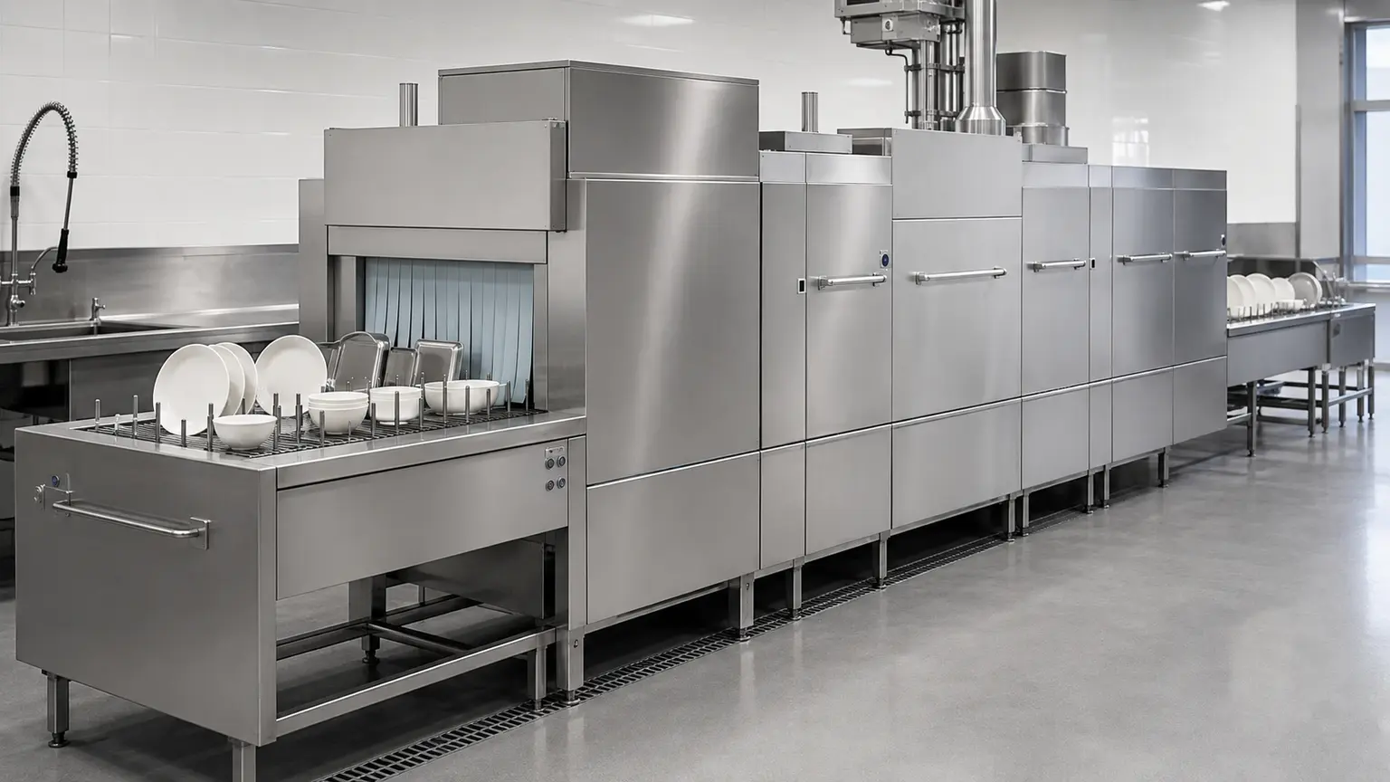 Long stainless steel flight-type conveyor dishwasher with dishes loaded directly on the belt