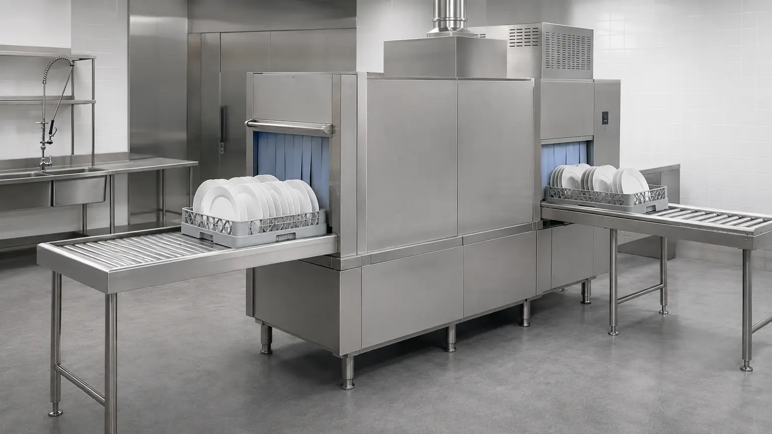 Stainless steel rack conveyor dishwasher with square dish racks on inlet and outlet tables