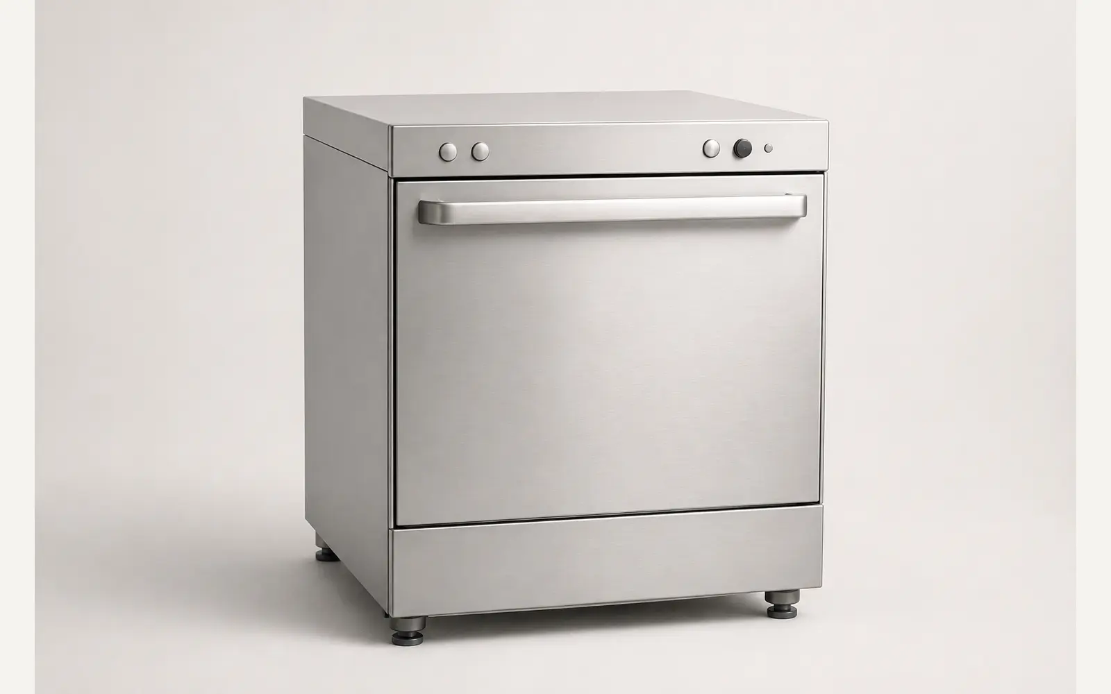 Compact stainless steel commercial undercounter dishwasher with front-loading door and top control panel