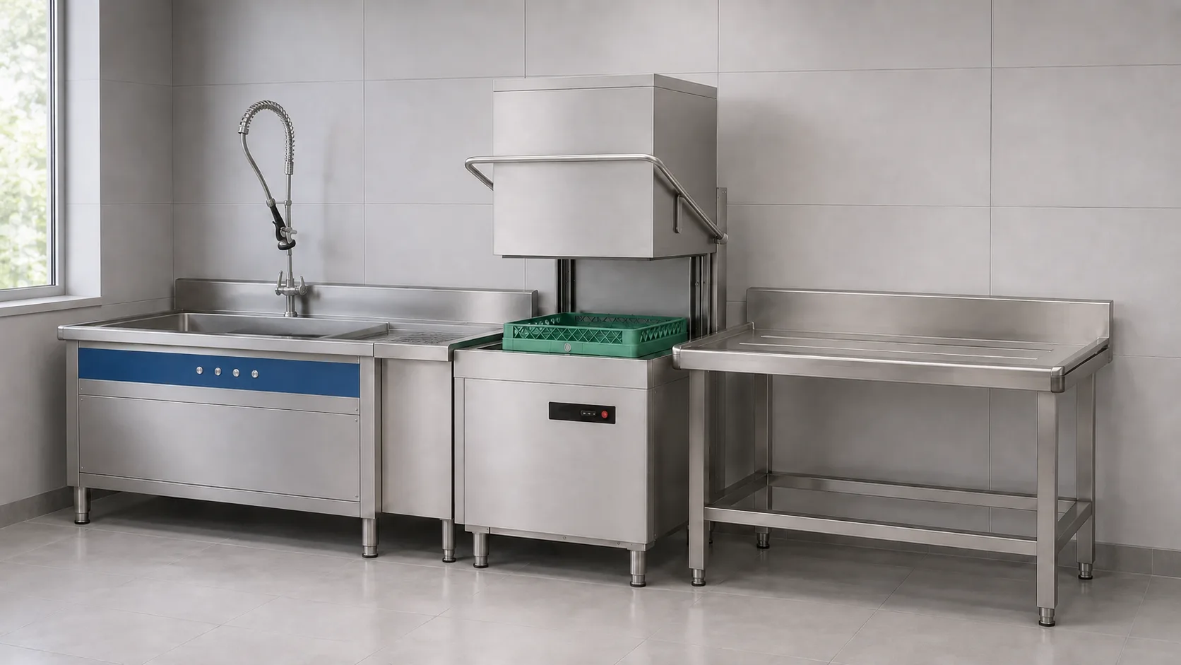 Complete commercial dishwashing system with pre-washing and hood-type dishwasher