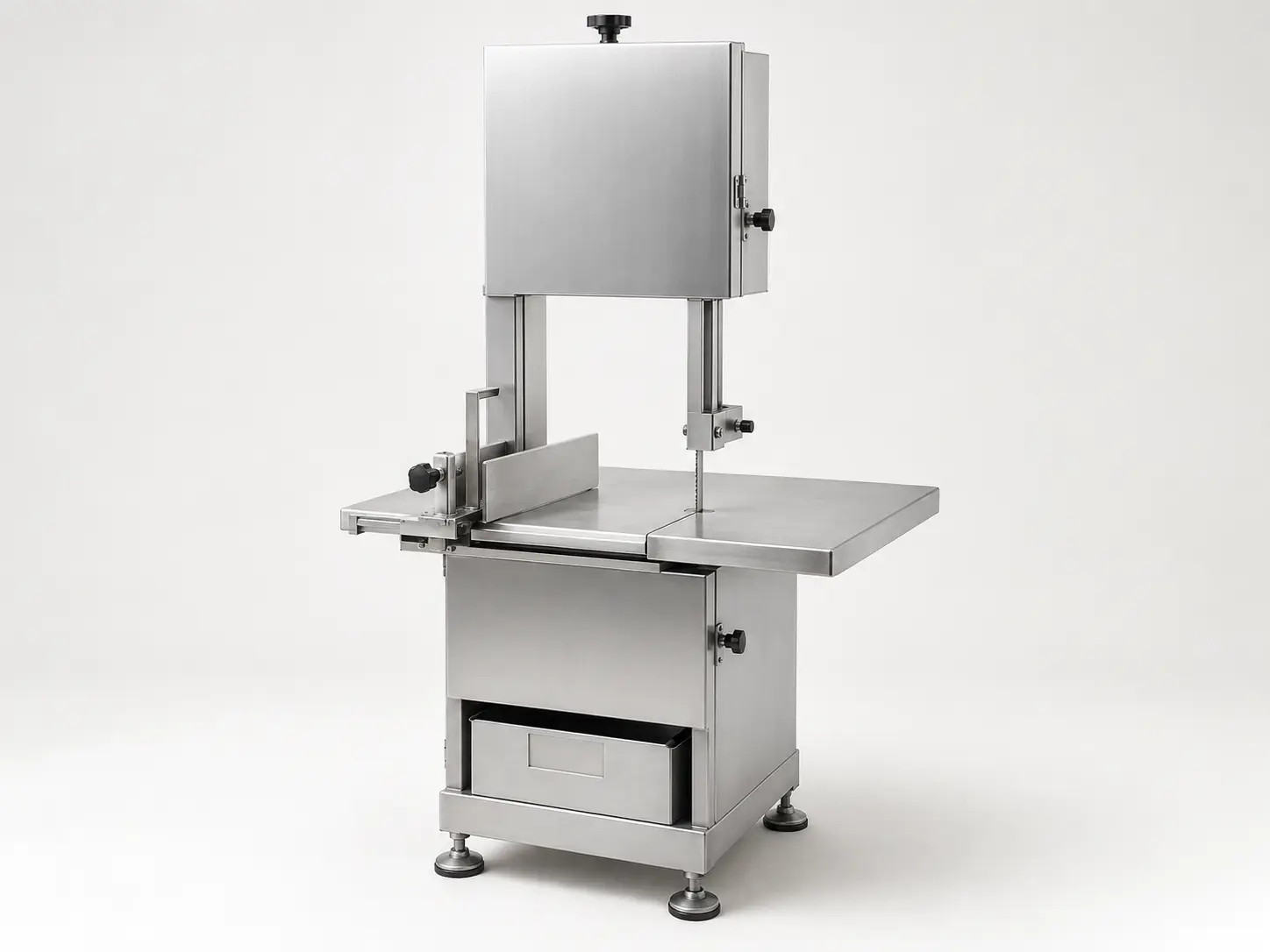Floor-standing commercial bone saw with guarded band blade and stainless work table