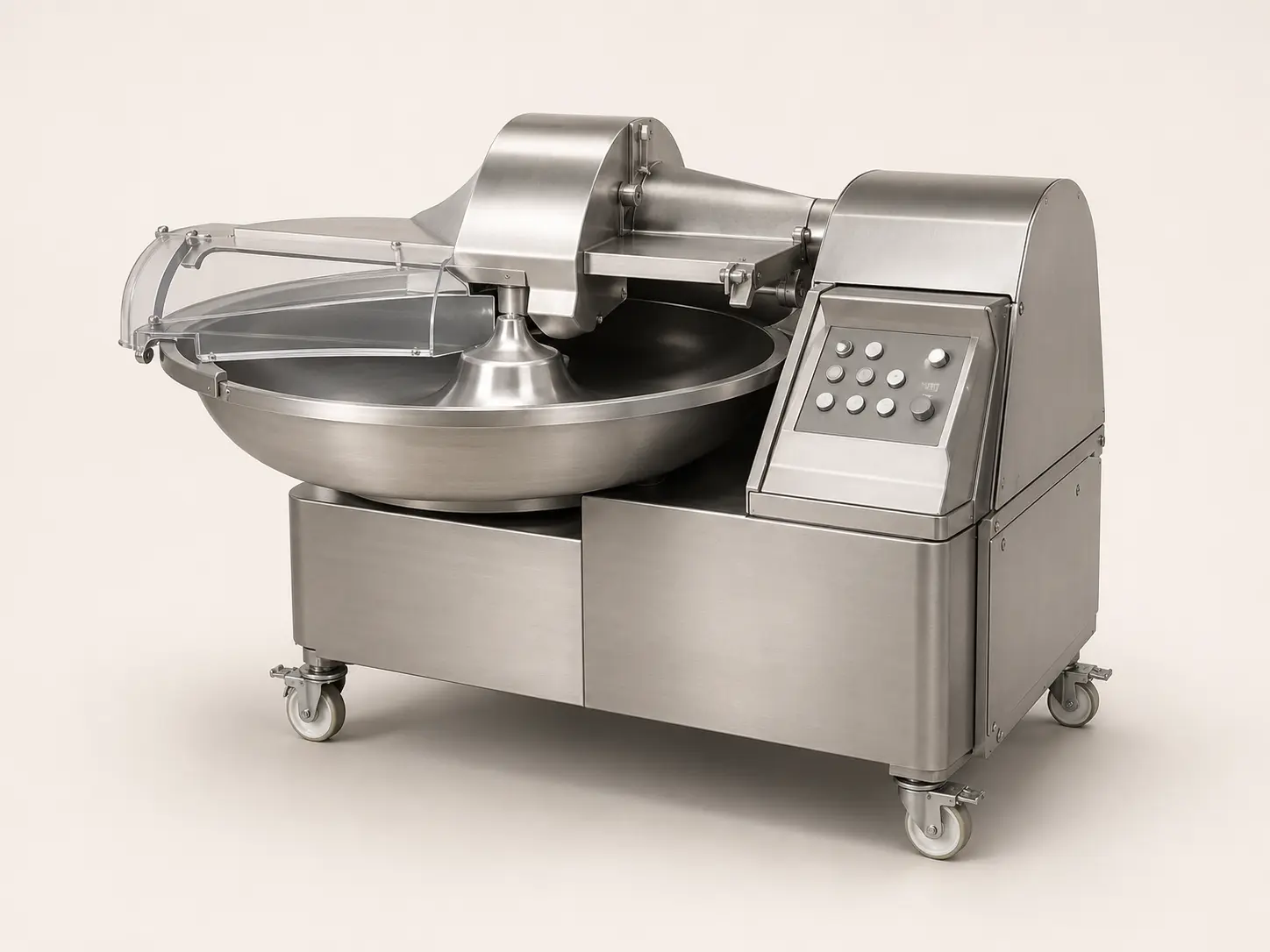 Industrial horizontal rotating-bowl cutter with safety guard and control panel