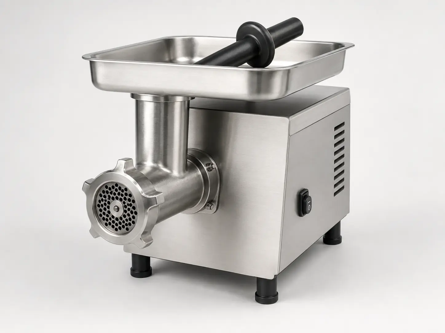 Commercial stainless-steel meat grinder with feed tray and perforated grinding plate