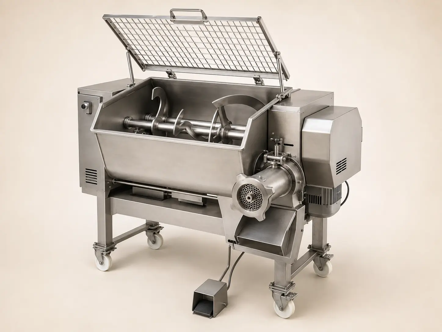 Commercial stainless-steel mixer-grinder with guarded hopper and front grinder head