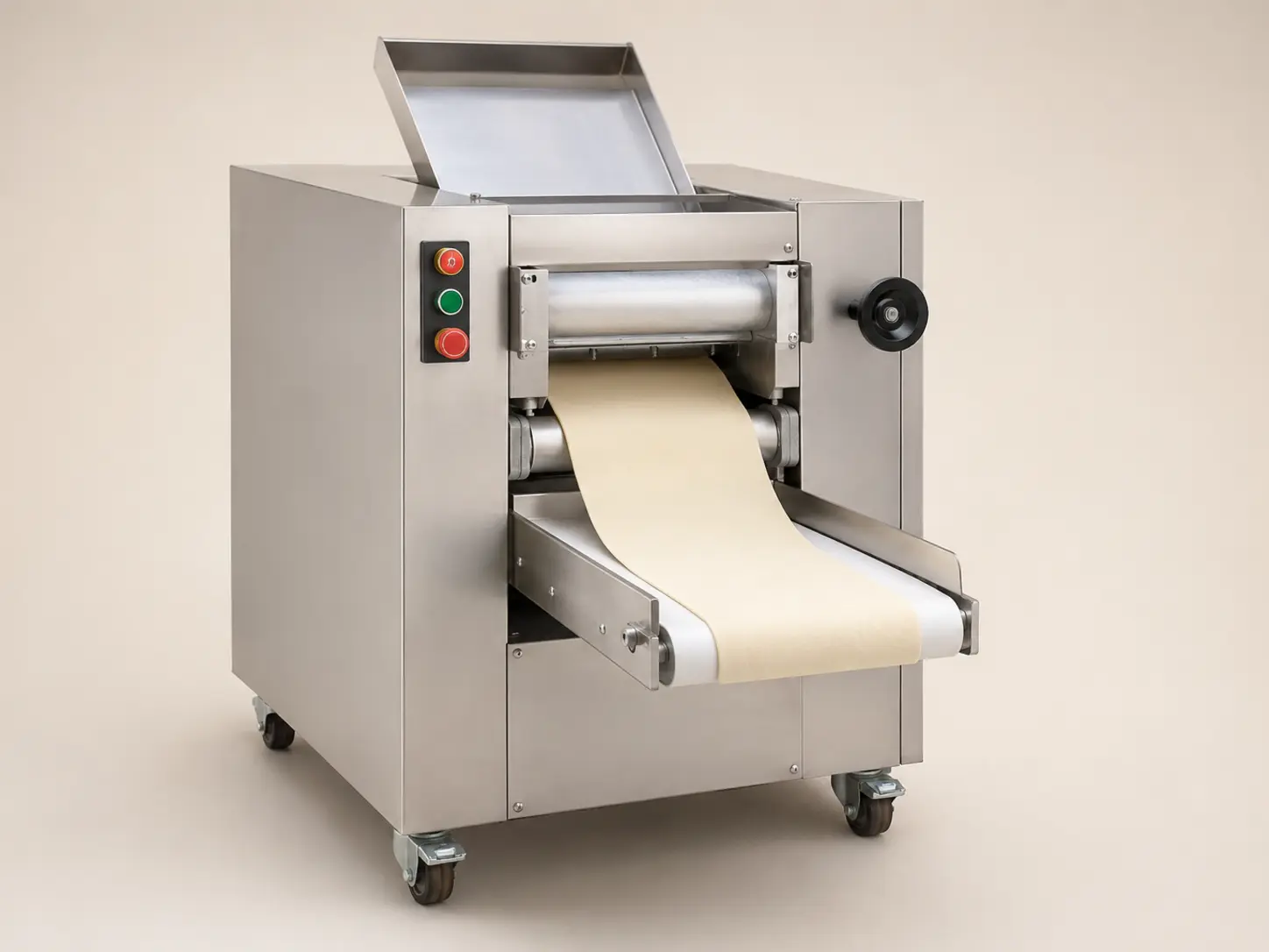 Commercial stainless-steel noodle press with guarded rollers and compact output conveyor