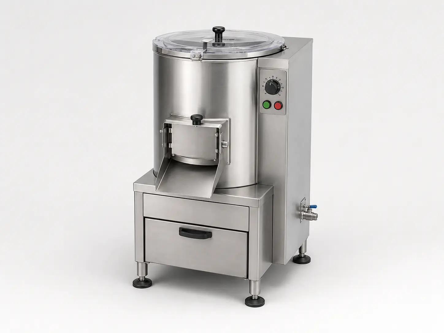 Commercial stainless-steel batch potato peeler with discharge chute and waste filter base