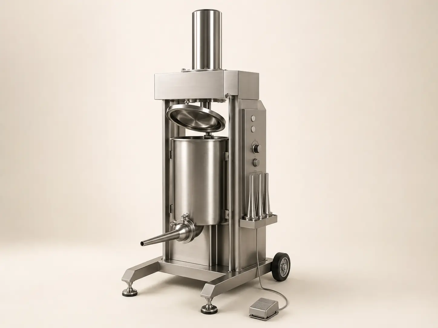 Vertical hydraulic commercial sausage stuffer with cylinder, nozzle set and foot control