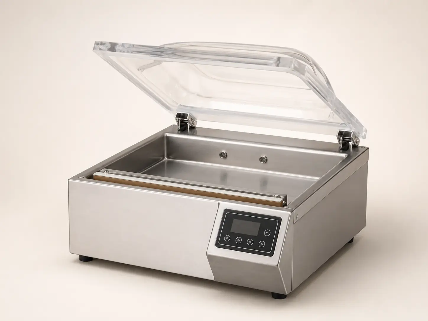 Commercial tabletop chamber vacuum packaging machine with raised transparent lid
