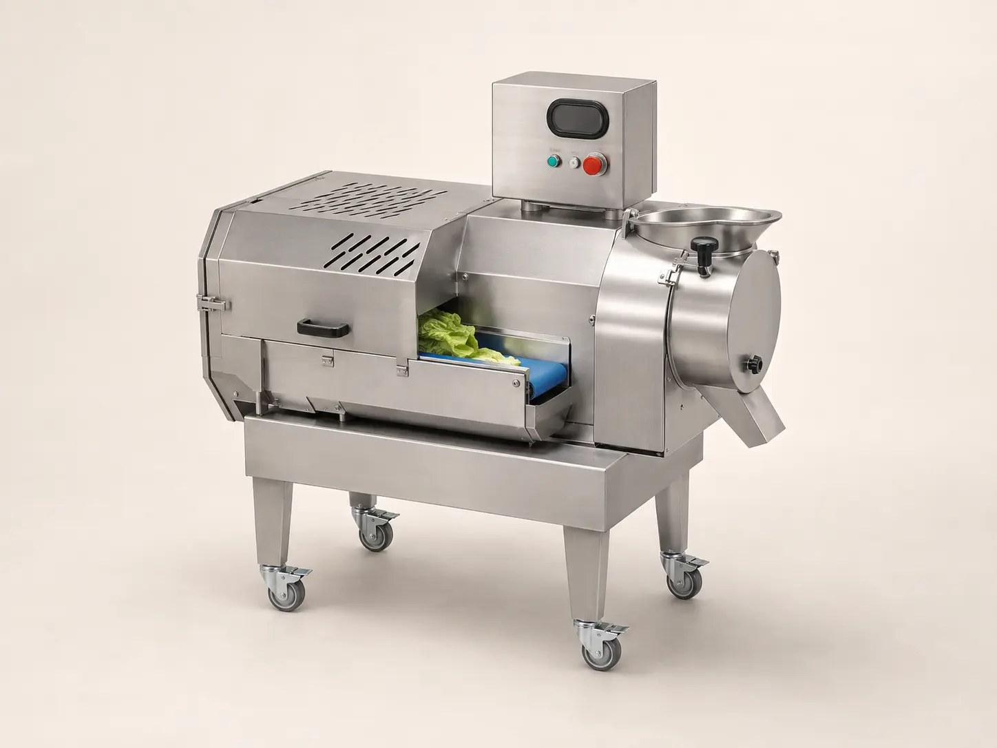 Commercial vegetable preparation machine with separate leafy and root-vegetable feeds