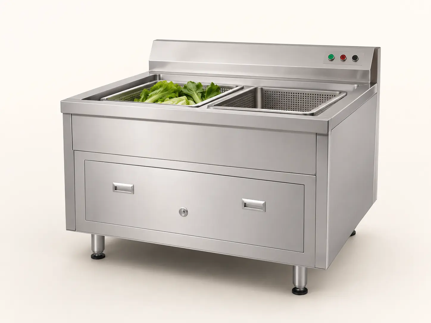 Commercial vegetable washer with stainless-steel wash tank and produce baskets