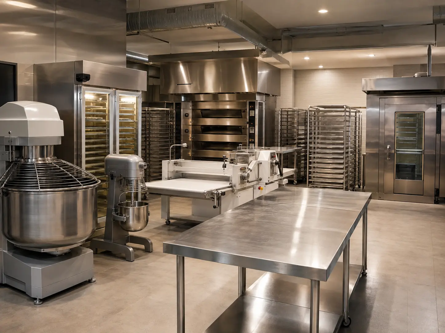 Commercial bakery production room with mixer, dough processing equipment, racks and ovens