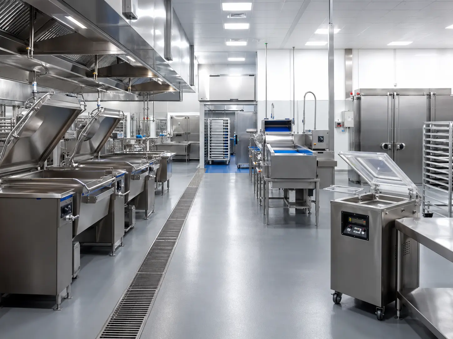 High-capacity central kitchen with batch cooking, preparation and tray handling equipment