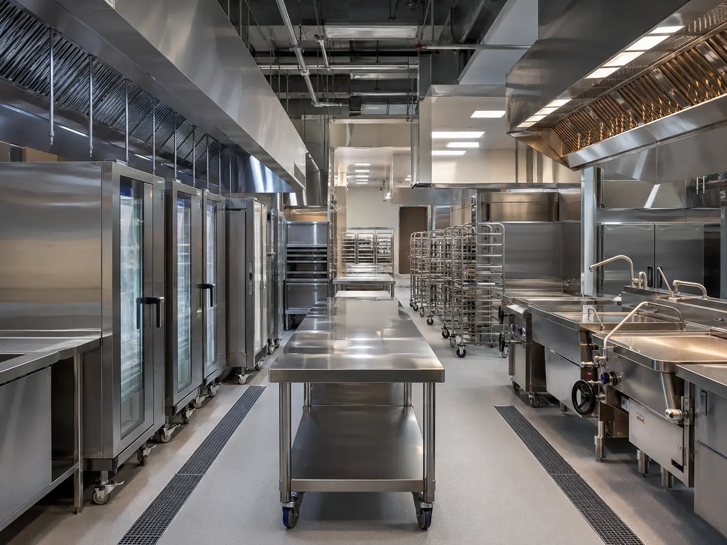 Large hotel kitchen with cooking island, combi oven, refrigeration and preparation equipment