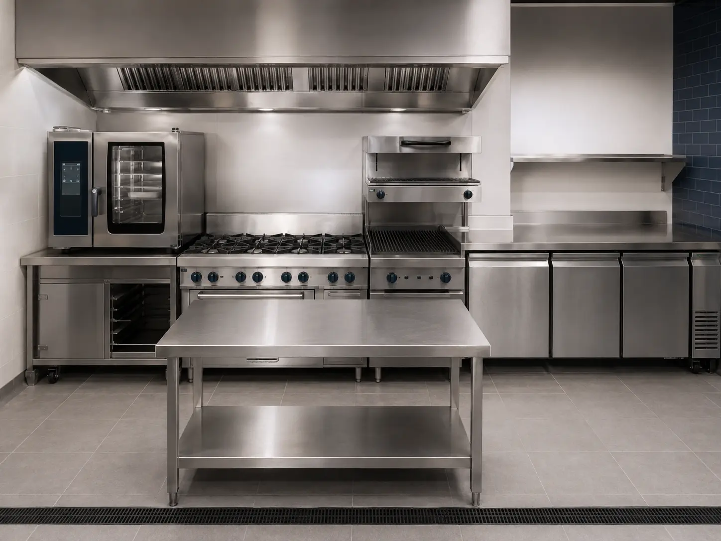 Commercial restaurant kitchen line with cooking, preparation and refrigeration equipment