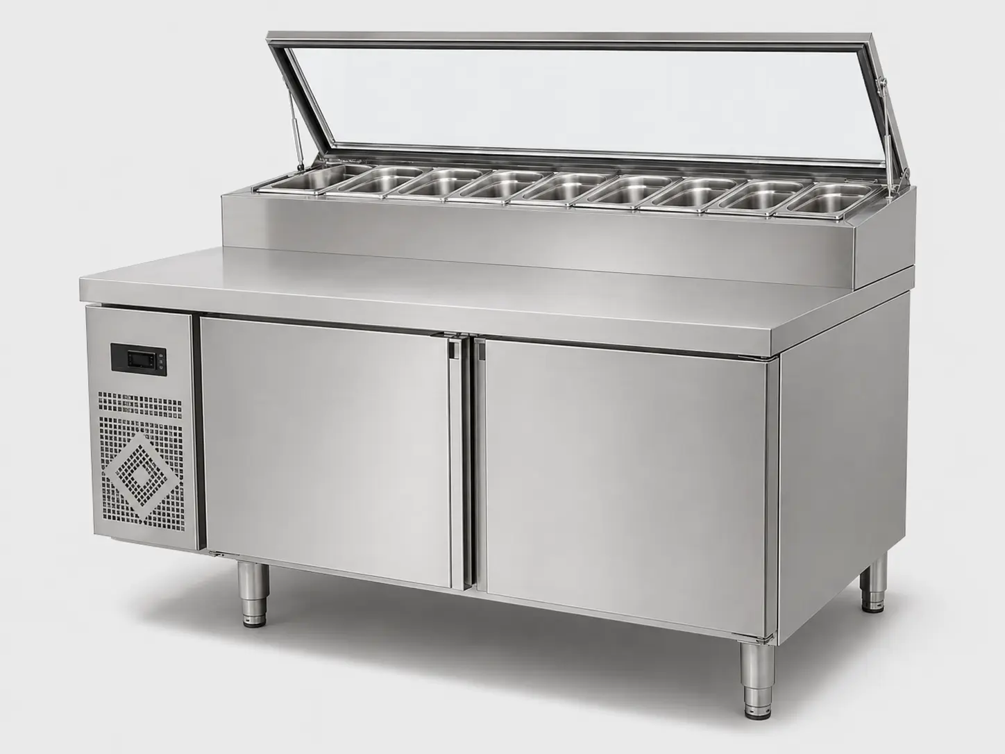 Commercial refrigerated salad prep table with GN-pan rail and glass lid