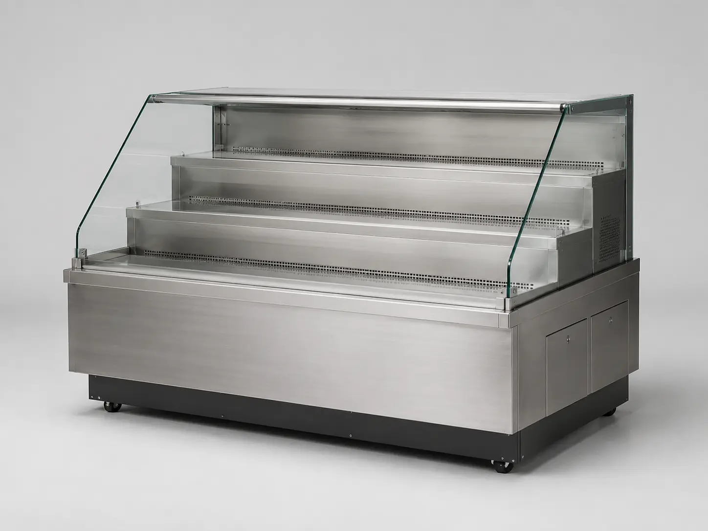 Commercial refrigerated step display case with glass enclosure