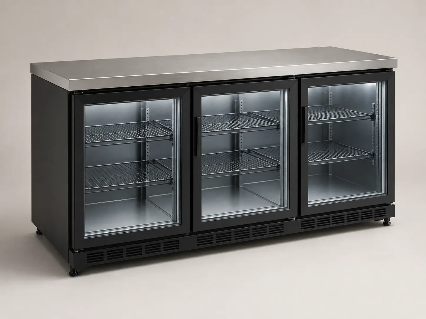 Three-section commercial back bar refrigerator with glass doors and stainless top
