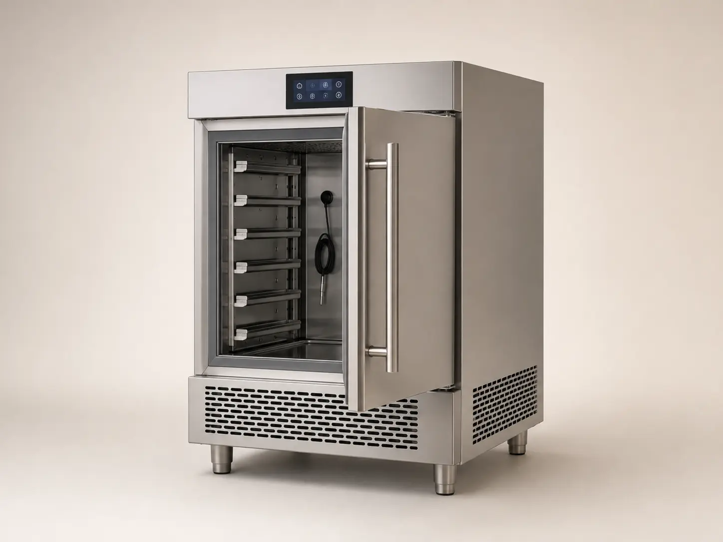 Commercial five-tray blast chiller and shock freezer with open insulated door