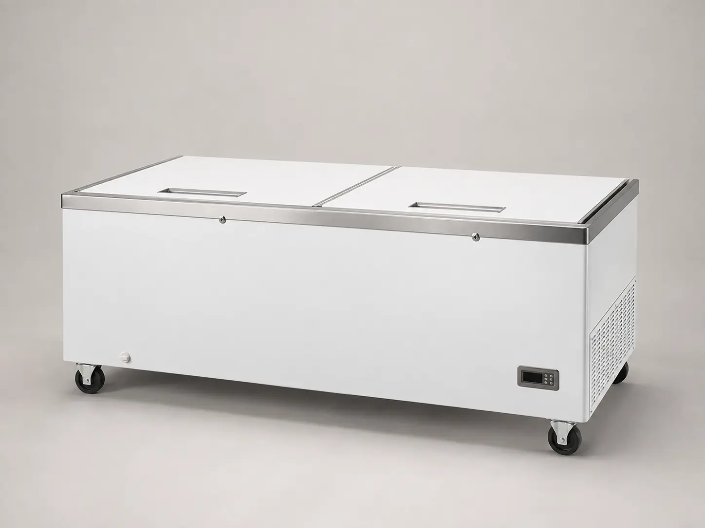 Wide commercial chest freezer with two solid lids and casters