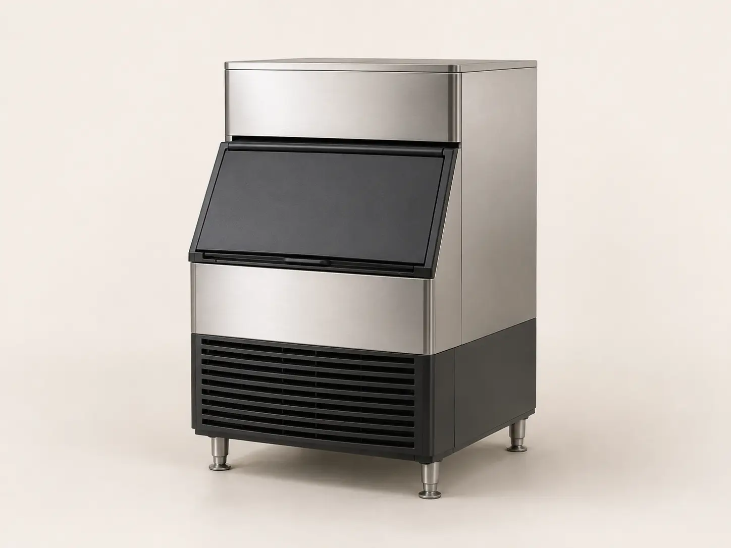 Commercial cube ice machine with integrated storage bin and front ventilation