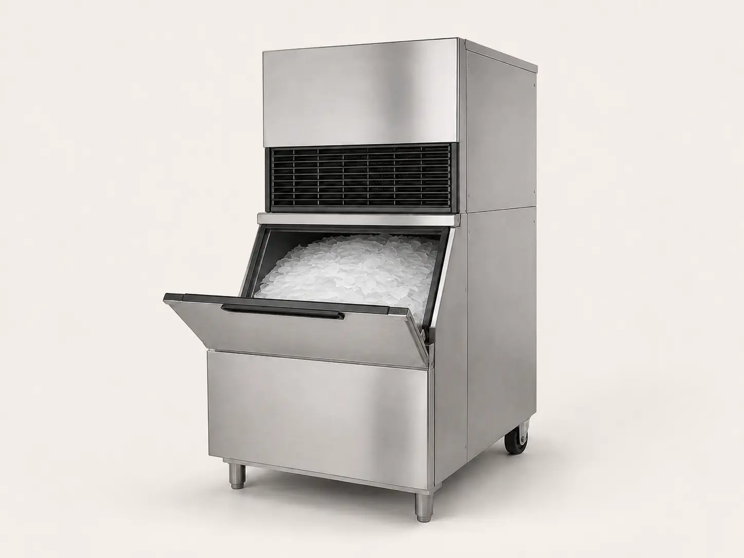 Commercial stainless-steel flake ice machine with integrated storage bin