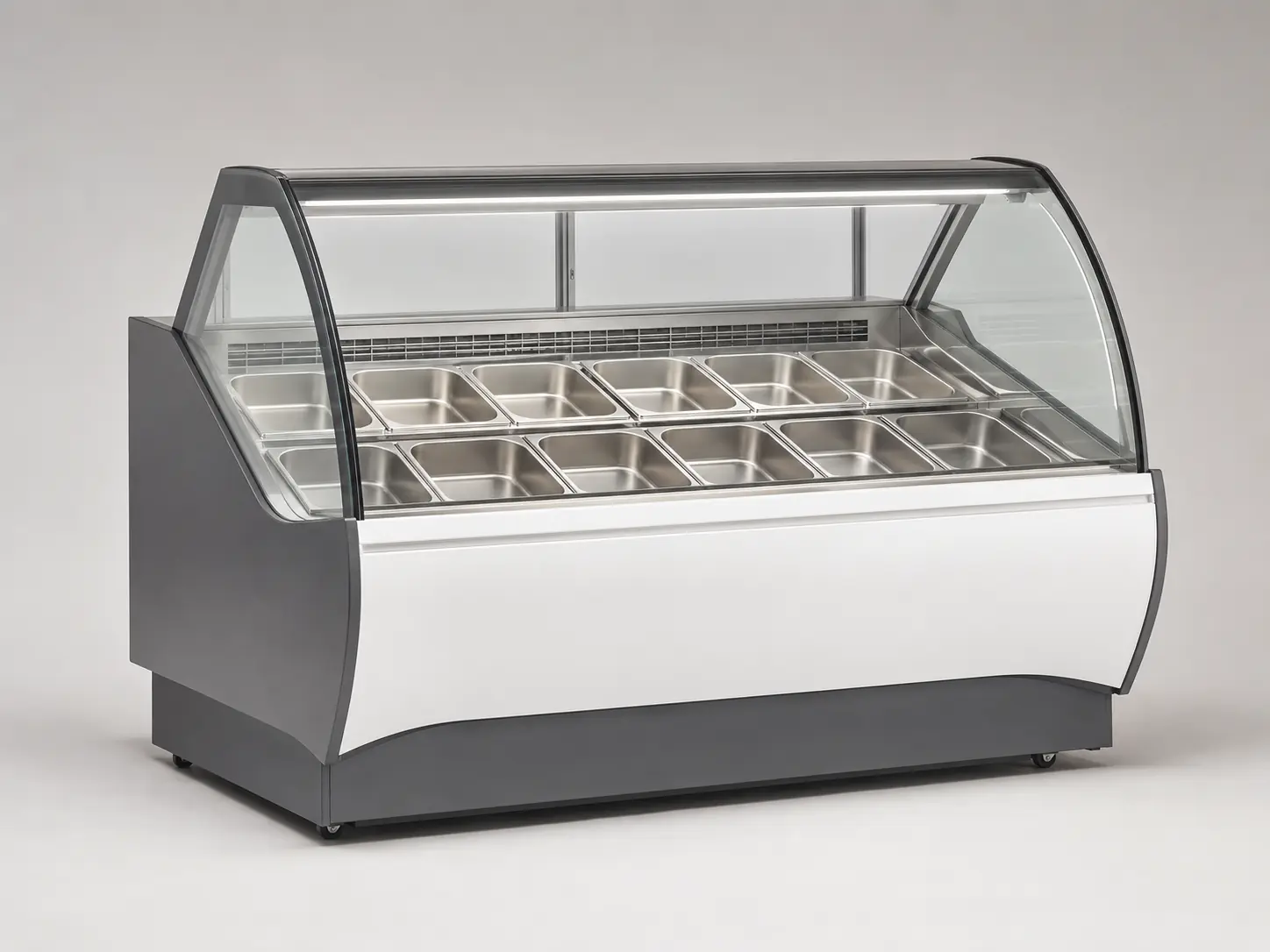Commercial gelato display case with curved glass and two rows of stainless pans