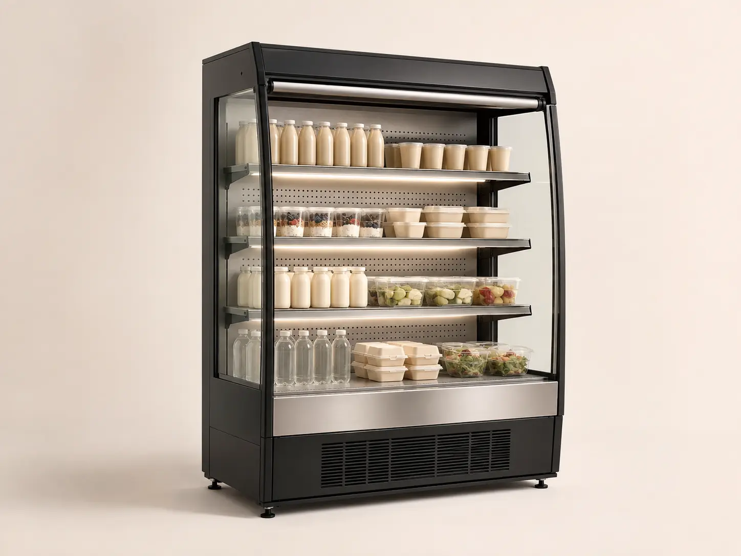 Commercial open-air refrigerated multideck with illuminated shelves